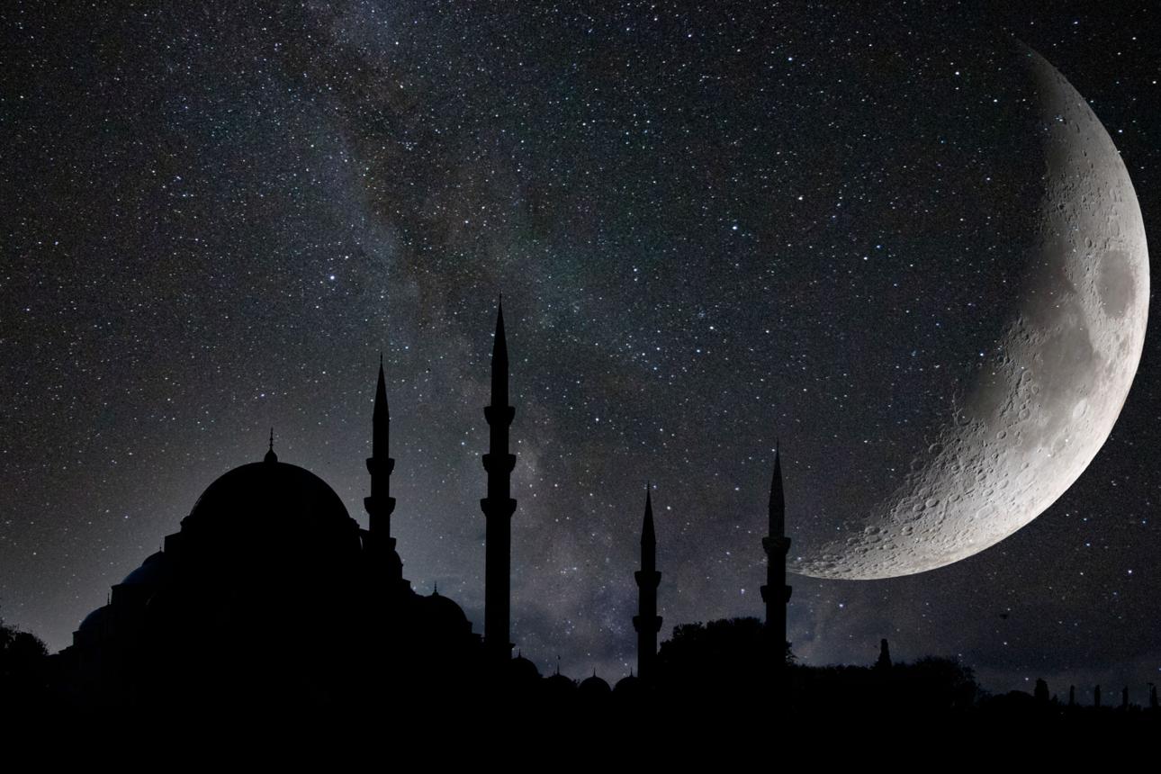 Suleymaniye Mosque and crescent moon with milky way.