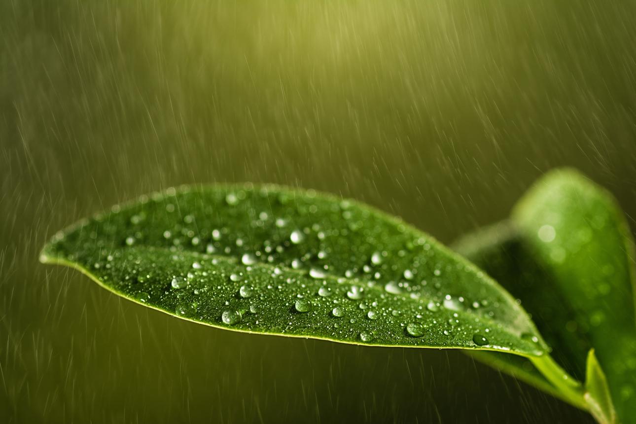 Closeup of a leaf covered in droplets with bokeh background